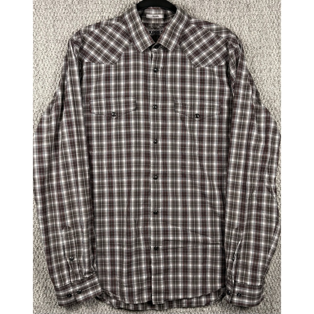 Express Fitted Plaid Western Shirt Men L Pearl Snap Grunge Cowboy Y2K